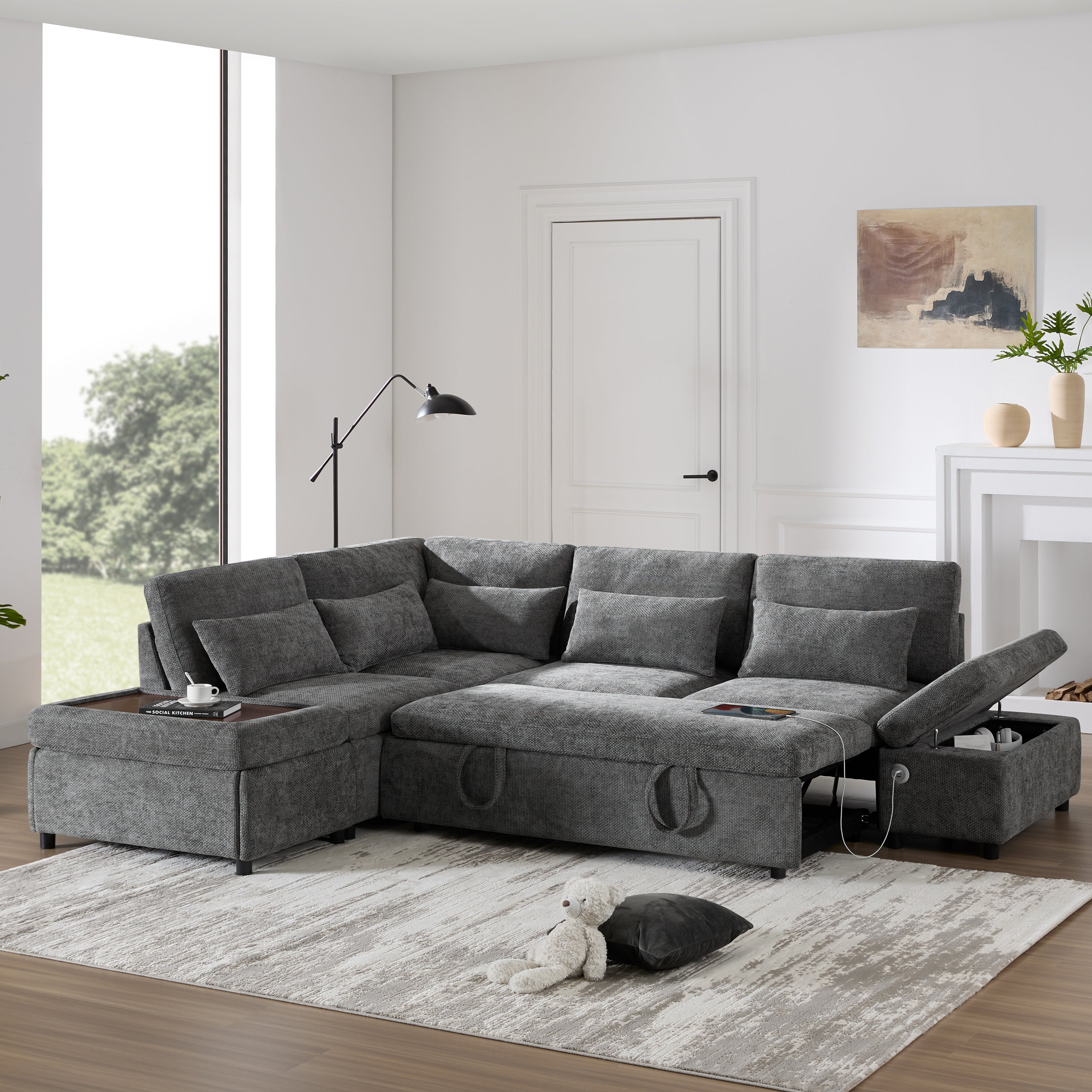 107'' Modular Sectional Pull-out Sofa, L shape with Wide Seats, Free