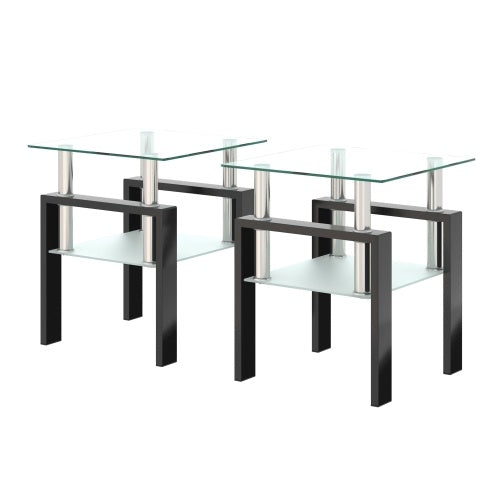 Set Of 2, Modern Tempered Glass Tea Table Coffee Table End Table, Square Table For Living Room, Transparent Black CJDropshipping