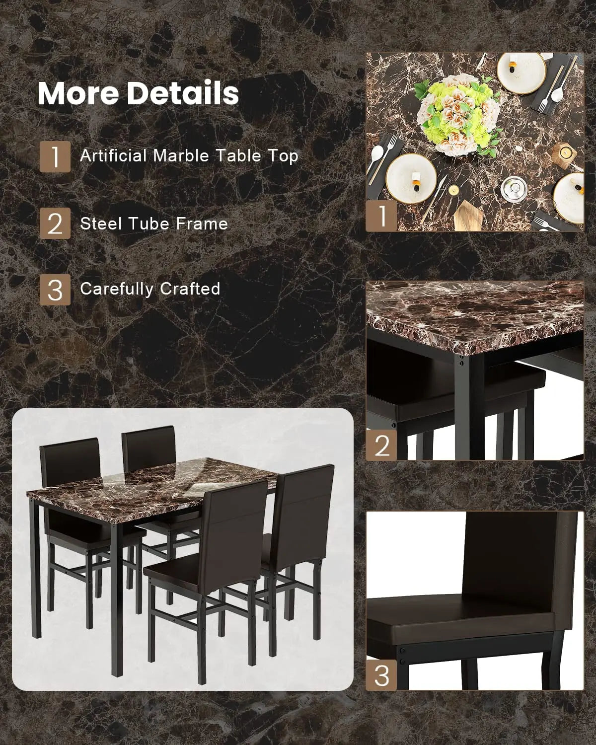 Faux Marble Dining Set, Small Spaces Kitchen, Black Peach Maple