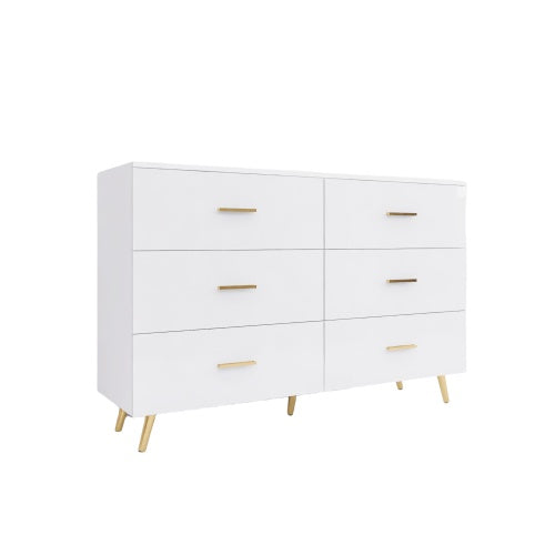 High Glossy Surface 6 Drawers Chest Of Drawer With Golden Handle And Golden Steel Legs White Color Vanity