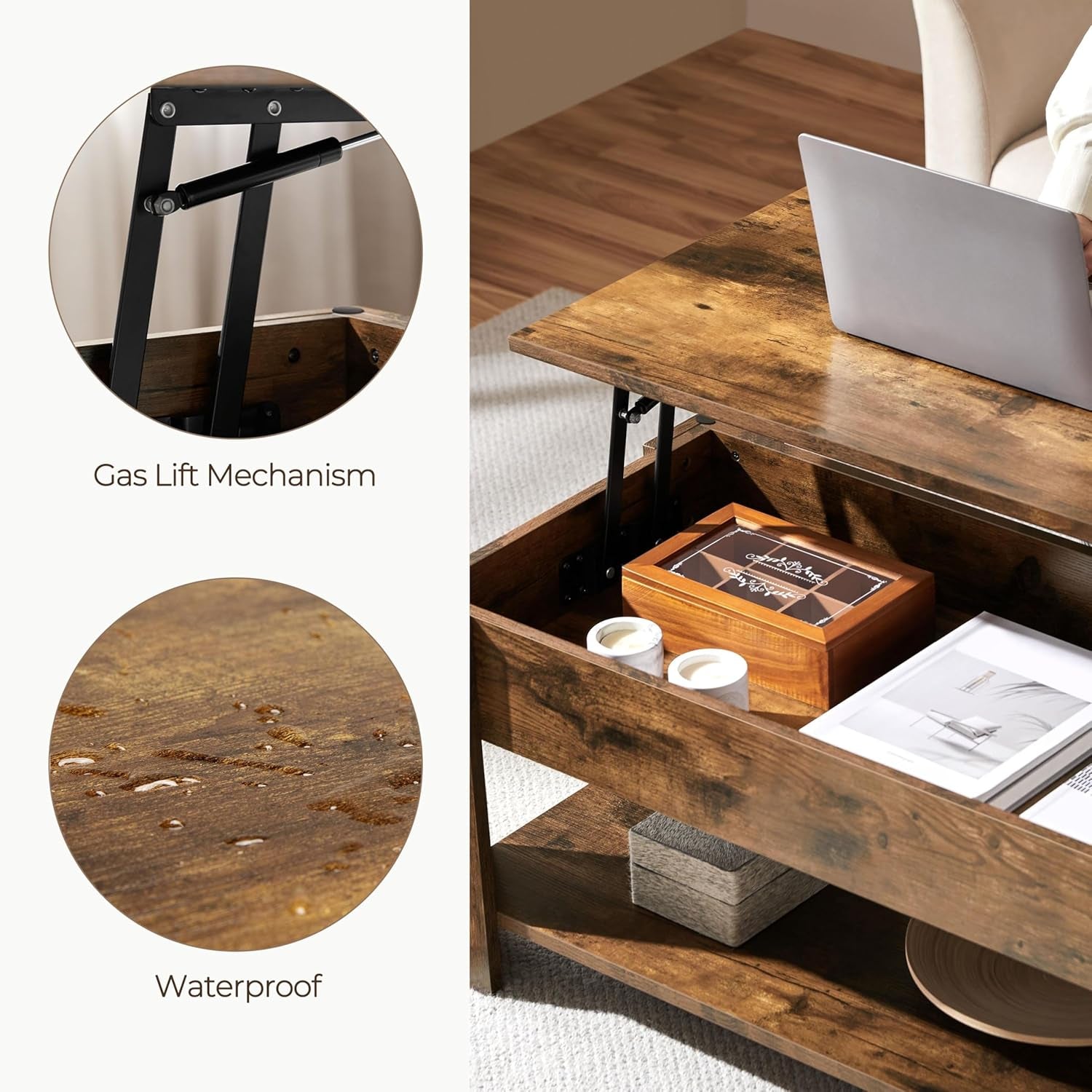 Coffee Table, 47.5In Lift Top Coffee Table with Hidden Compartment and Peach Maple
