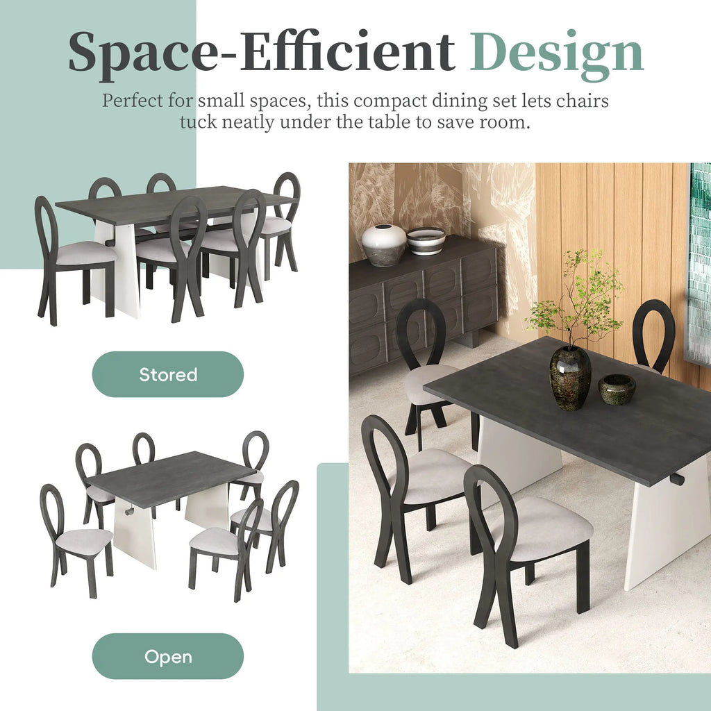Modern 7-Piece Dining Table Set with Trestle Dining Table and 6 Sangria Beech