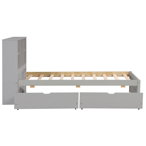 Modern Twin Size Bed Frame With Built-in USB Port On Bookcase Headboard And 2 Drawers For Grey Color