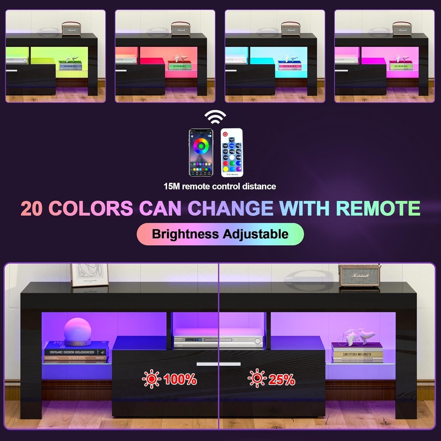 Black LED TV Stand with Large Storage Drawer for 32 40 50 55 Inch Tvs, Peach Maple