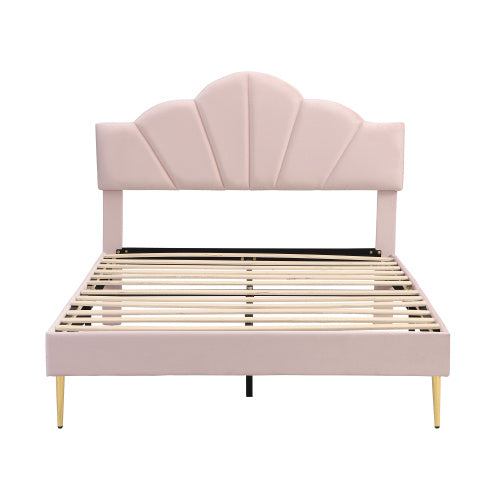 Velvet Upholstered Bed,King Size Bed-5ft 150x200cm  Shell-like Bed With Golden Iron Legs, Height-adjustable Headboard, Wooden Slatted Frame