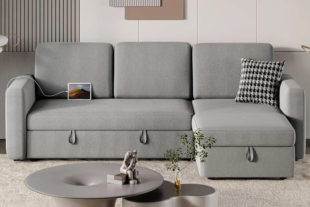 Light Gray L-Shaped Sleeper Sectional, USB, Storage Peach Maple