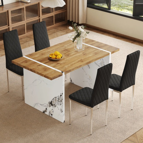 Table And Chair Set.Natural Wood Grain MDF Dining Table - 55x31.5 Inch.Paired With 4 Modern Style Dining Chairs In Black, Essential For Minimalist Homes.Blending Into Various Home Environments.