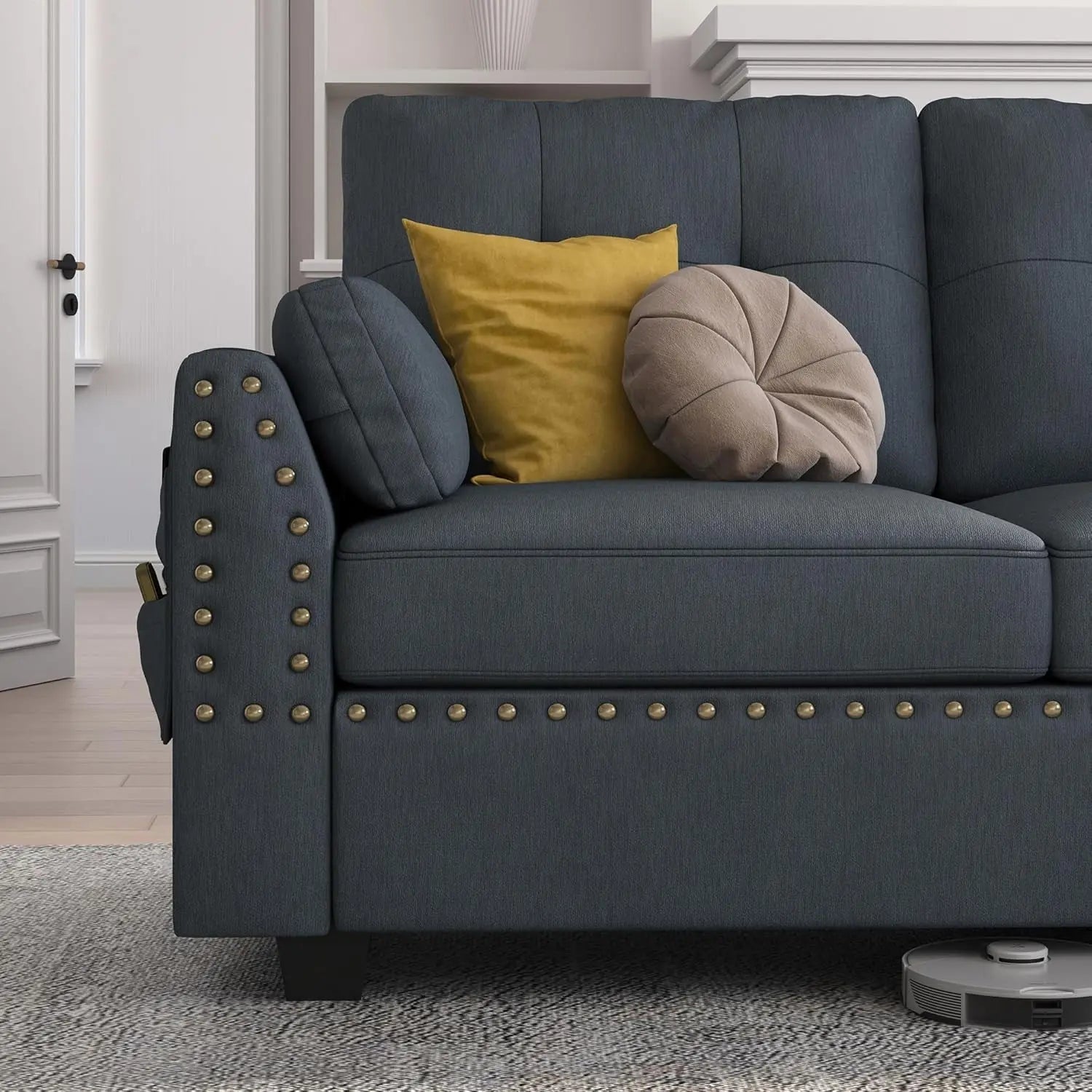 Bluish Grey Sectional Sofa L-Shaped, Convertible Peach Maple