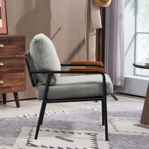Modern Accent Chair With Natural Wood Armrests And Black Metal Frame, Light Beige Upholstered Seat And Backrest, Comfortable Lounge Chair For Bedroom, Living Room, Dining Room, Set Of 1