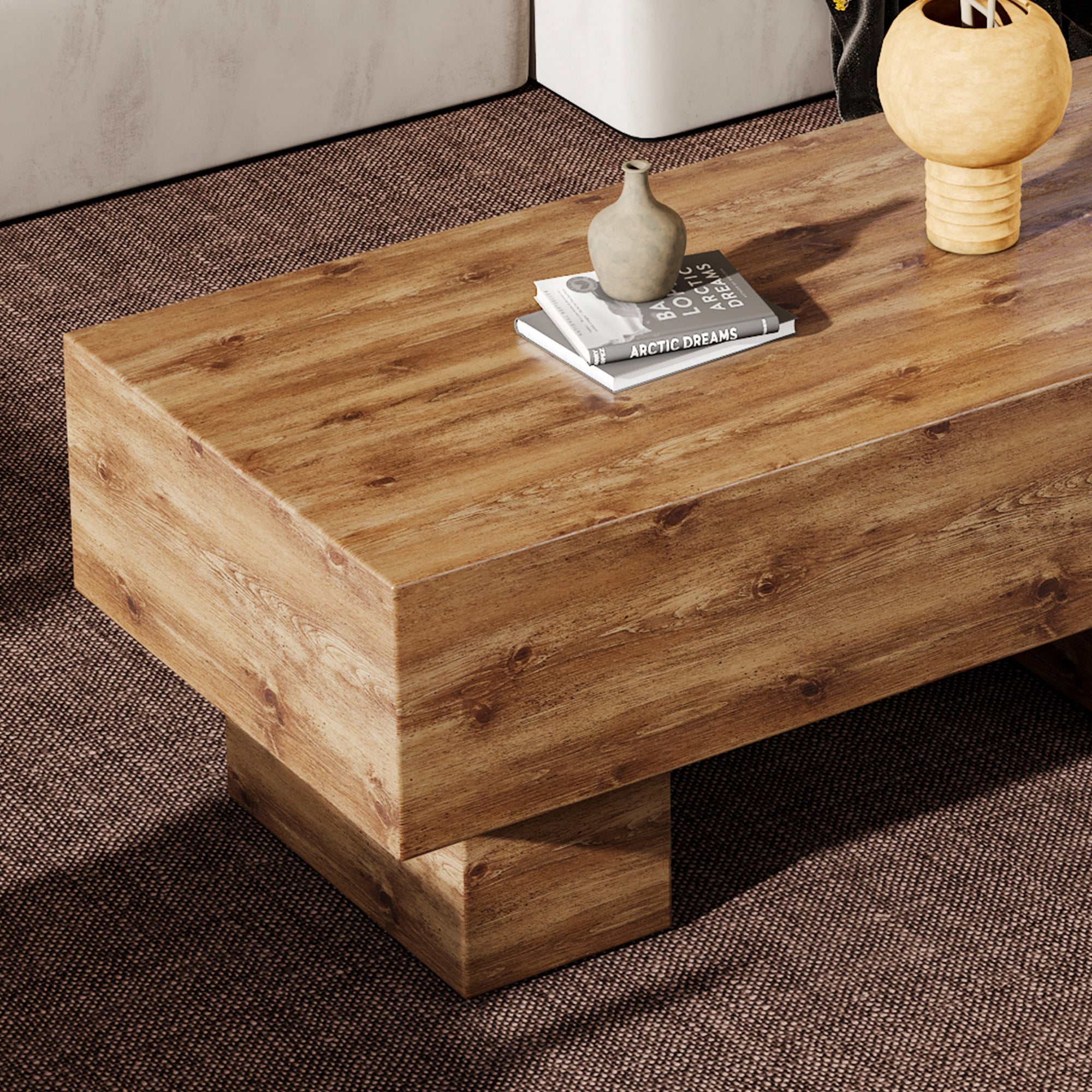 This modern rectangular coffee table features a stylish wood color, Sangria Beech