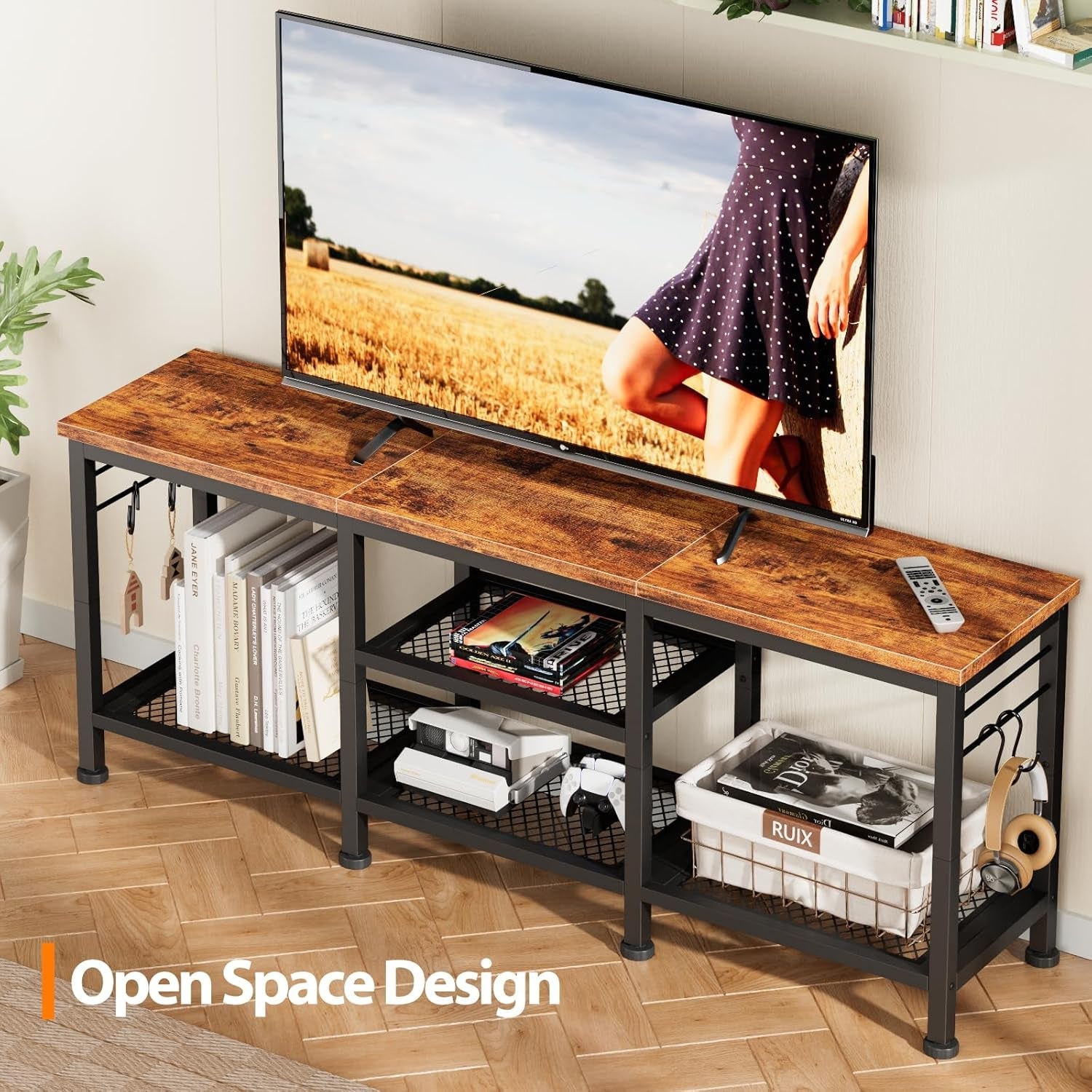 TV Stand for Tvs up to 55 Inch, Entertainment Center with Open Storage Peach Maple