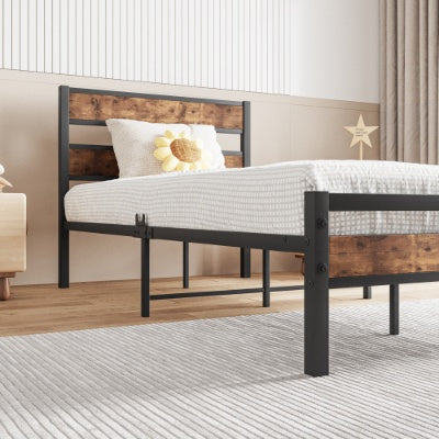Twin Size Platform Bed Frame With Rustic Vintage Wood Headboard, Strong Metal Slats Support, No Box Spring Needed