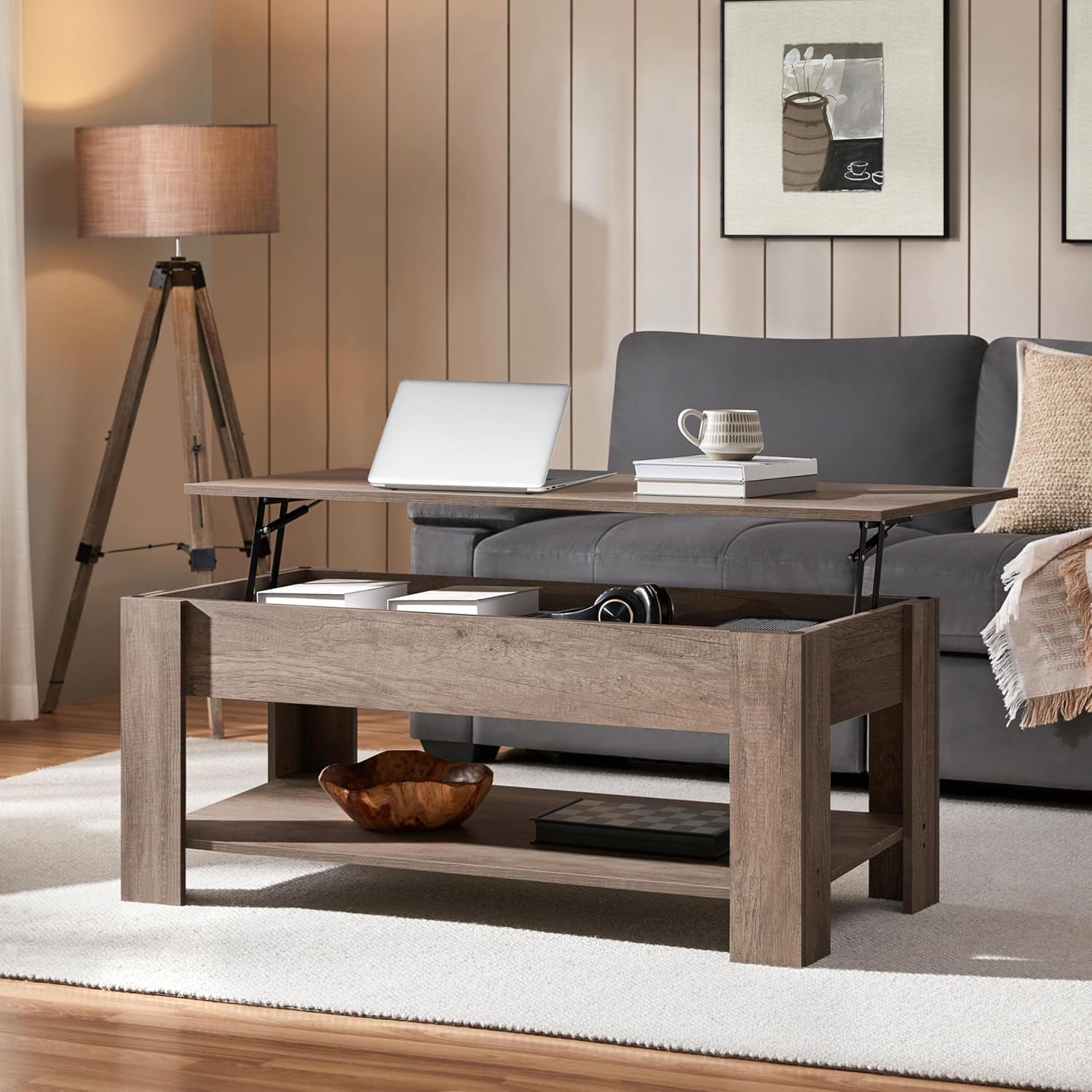 Lift Top Coffee Table with Hidden Compartment and Storage Shelf, Peach Maple