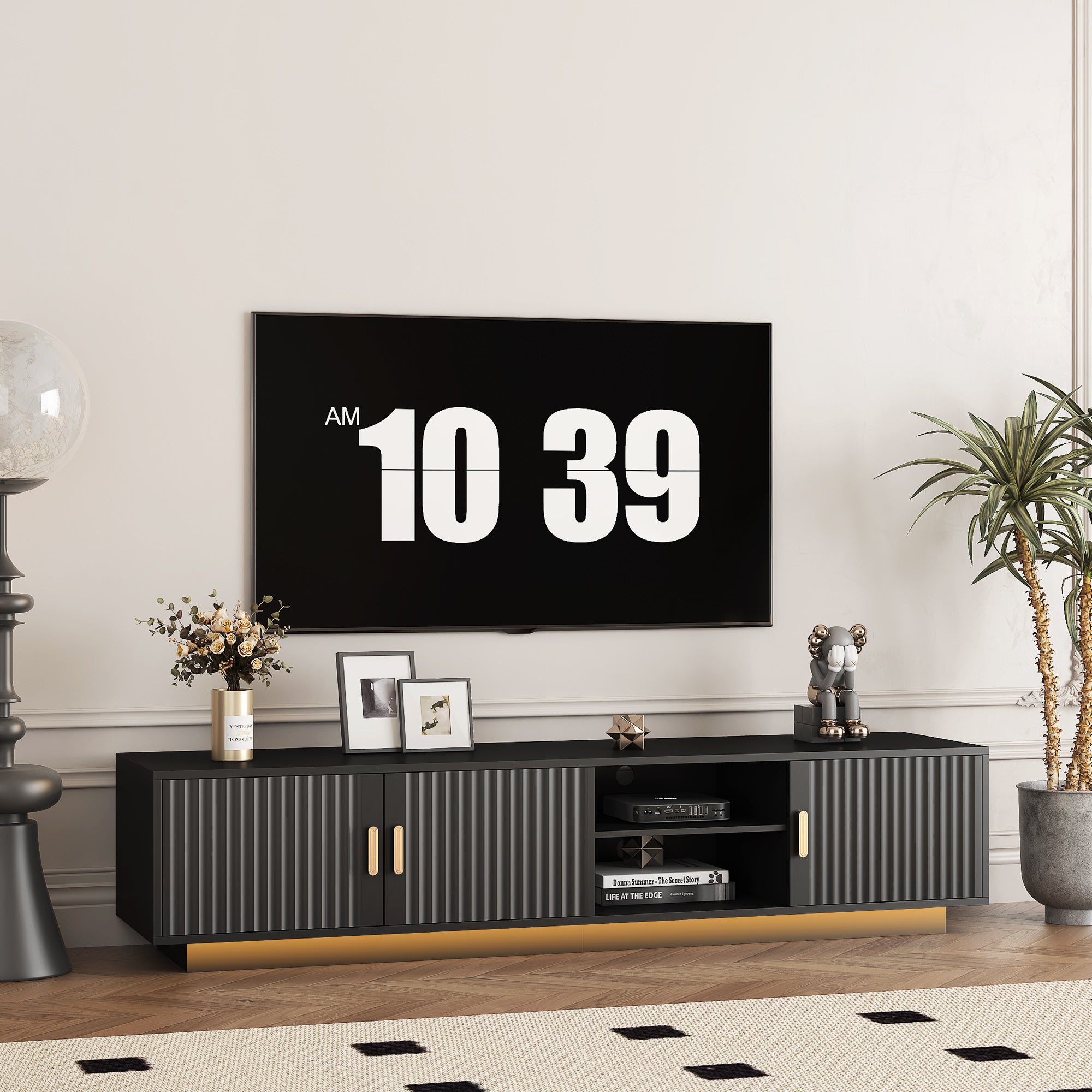 Mid Century Modern TV Stand With LED Lights For 80 Inch TV, Entertainment Center Wooden TV Stand, TV Stand Desk Media Cabinet With Storage For Living Room Bedroom