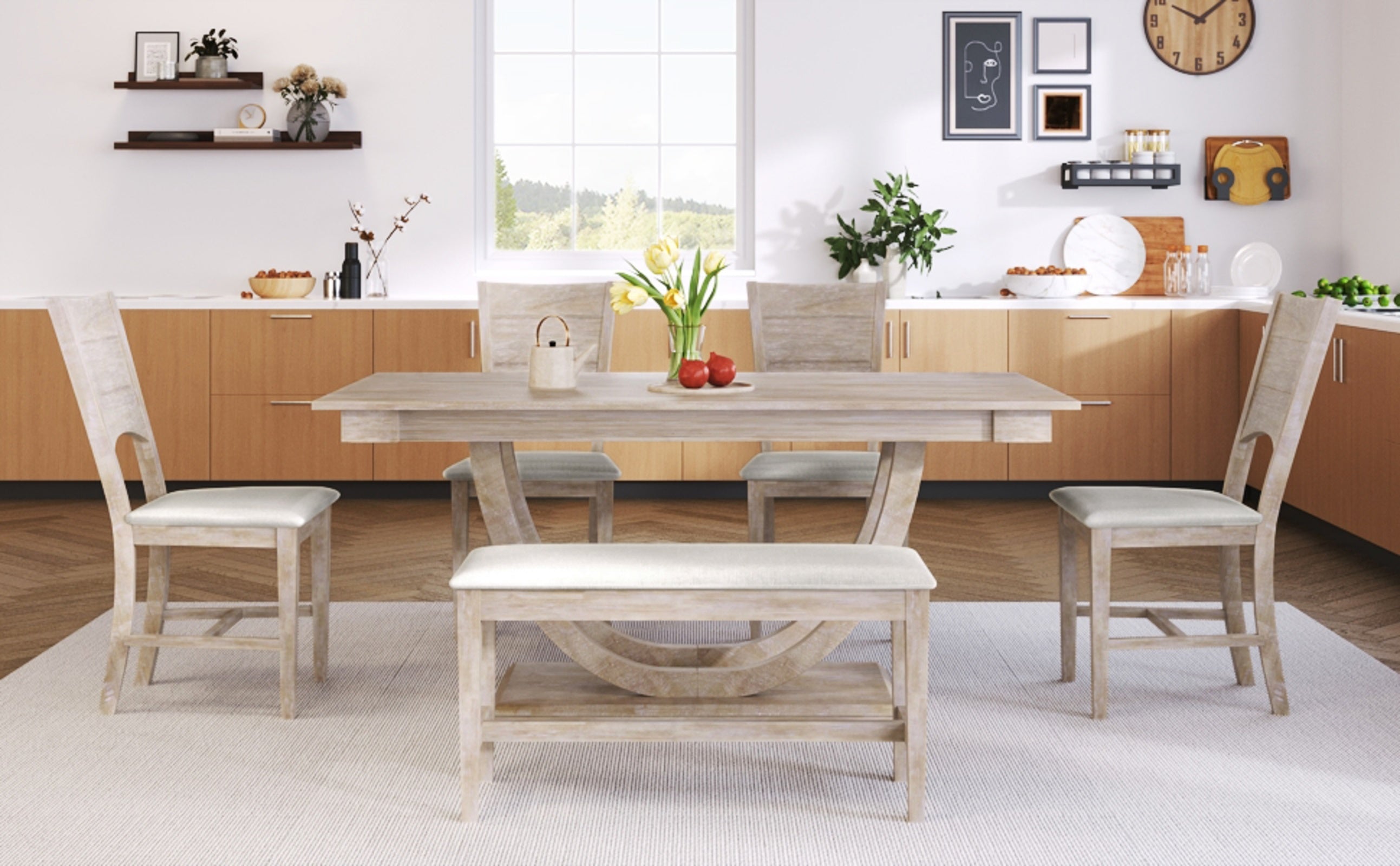 TOPMAX 6-Piece Wood Half Round Dining Table Set With Long Bench & 4 Chairs