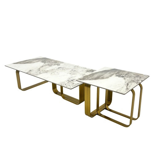 LuneluX_Home – Modern Sintered Stone Coffee Table Set with Gold Frame Carmine Juneberry