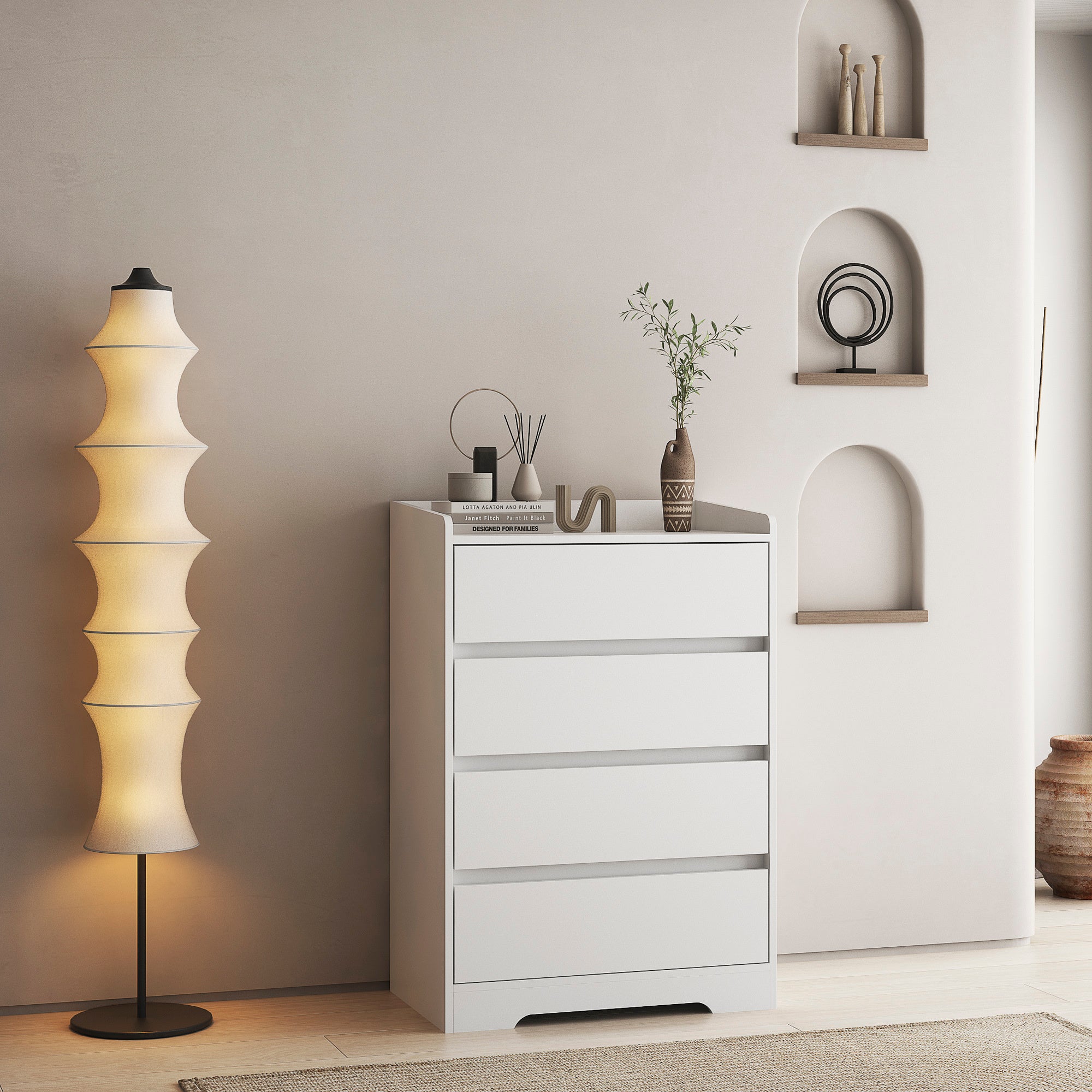 4 Drawer Dresser, Chest Of Drawers Without Handle, White Dresser For Bedroom Waterproof, Modern Wooden Cabinet With Sturdy Frame For Living Room, Entryway, Bedroom, Hallway, Office
